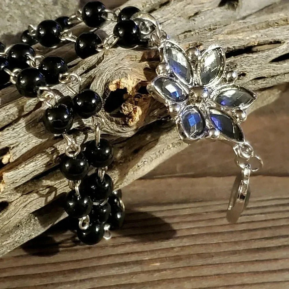 Victorian Style Black Silver and Smoke Navette Flower Pendant Necklace - Picture 5 of 5